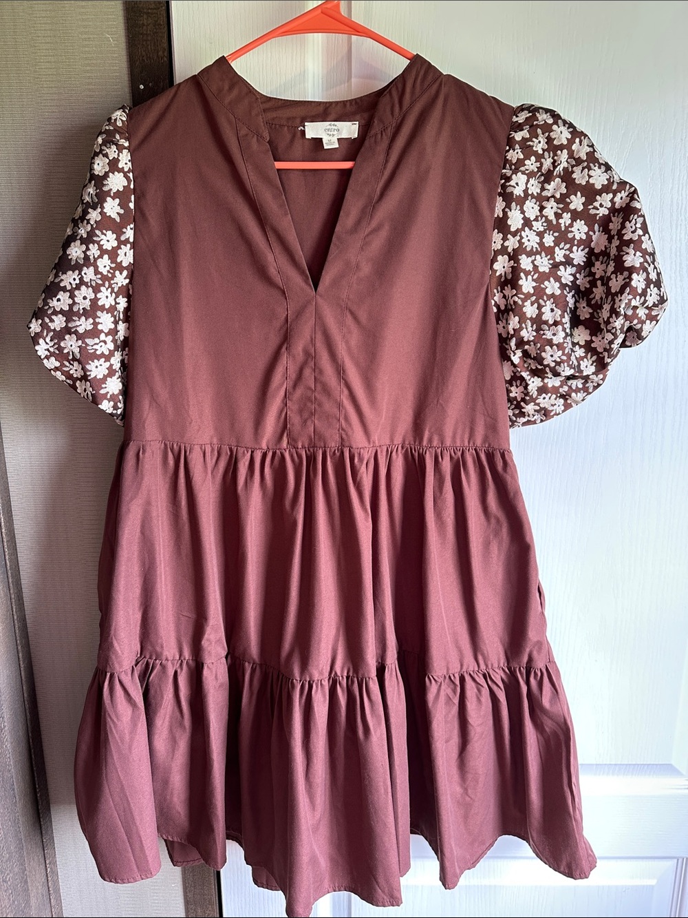 M Entro Tiered Dress with Floral Puff Sleeves -  Brown